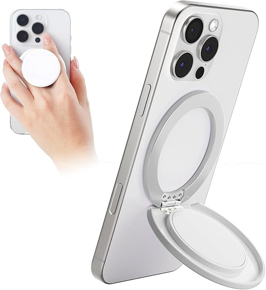 for MagSafe Phone Grip, Magnetic Phone Grip Holder Built-in Phone Stand, Magnetic Collapsible Expandible Mobile Phone Grip with Adjustable Kickstand for Portrait or Landscape, White