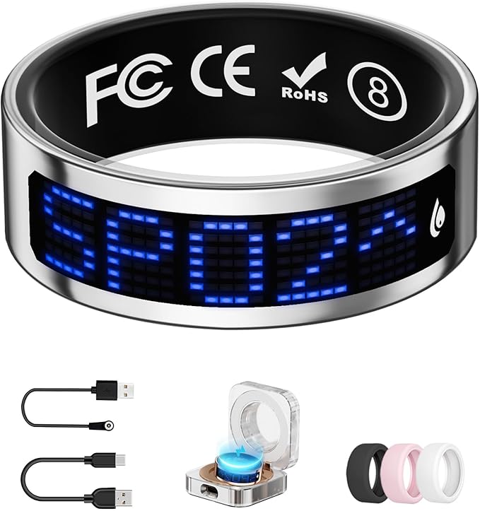 Smart Ring for Women & Men with Display, Health Ring with Heart Rate, Sleep Monitor, IP68 Waterproof Fitness Ring, Fitness Tracker Ring, No APP Fee for iPhone & Android (Silver, 8#)