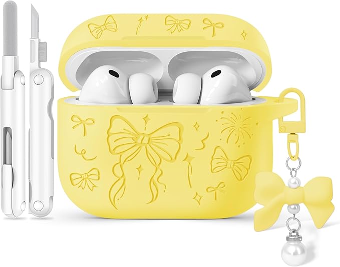 for Airpods Pro 3 Case Cover, Joremx Cute Bow Engraved Silicone Protective Case Cover with Keychain, Cleaner Kit for Airpods Pro 3rd Generation (2025) (Yellow)