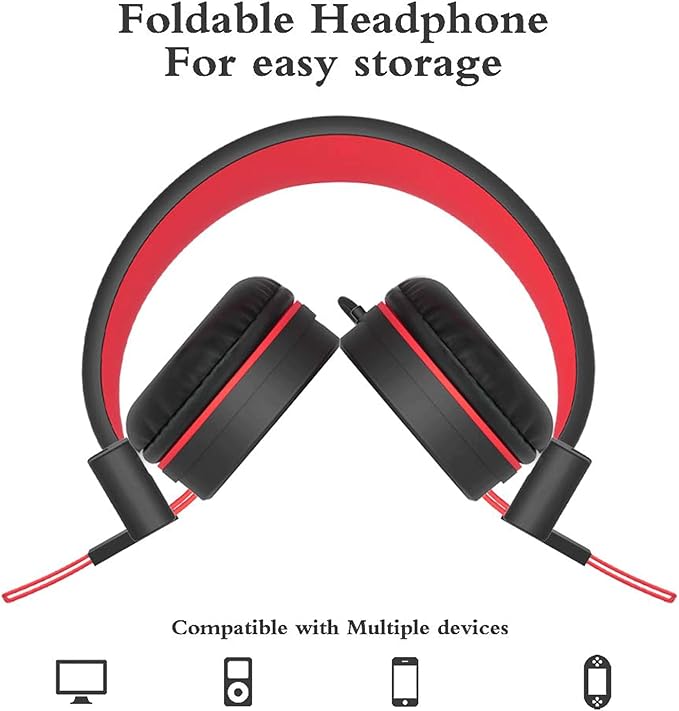 ELECDER i37 Kids Headphones for School Children Girls Boys Teens Foldable Adjustable On Ear Headphones with 3.5mm Jack for Smartphones Chromebook Laptop Computer PC Tablets Travel Black/Red