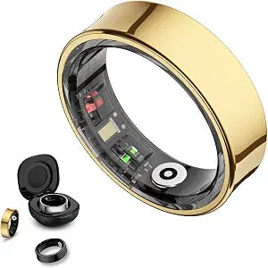 Smart Ring Health Tracker with Gesture Control & Charging Case (Gold, 7)