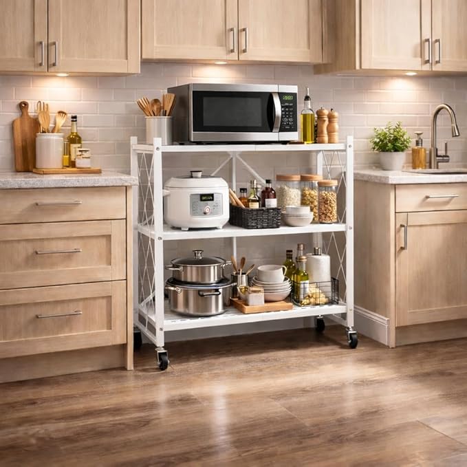3-Tier Foldable Storage Shelf with Wheels | Metal Rack Collapsible Shelving Display | Rolling Cart for Books Kitchen Storage Shelves | Pantry & Closet Organizer | Office Room Decor