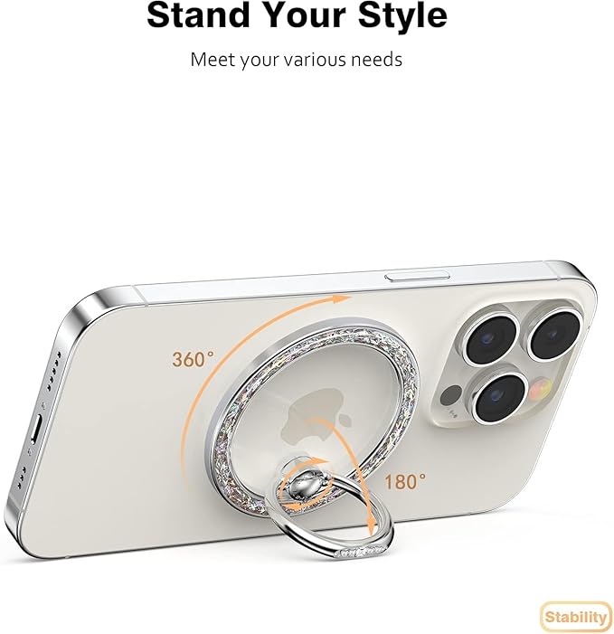 Allengel Magnetic Phone Grip for MagSafe, Magnetic Ring Holder Compatible with MagSafe Phone Ring, 360°Rotating Finger Kickstand for iPhone 16 Pro Max 15 14 13 12 Plus & Android Phone(Bling Silver)