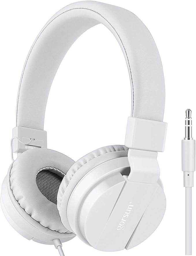 gorsun Kids Headphones, Lightweight Stereo Wired Toddler Headphones，Adjustable Headband Children's Headset for Smartphones Computer Pad Earphones(White)