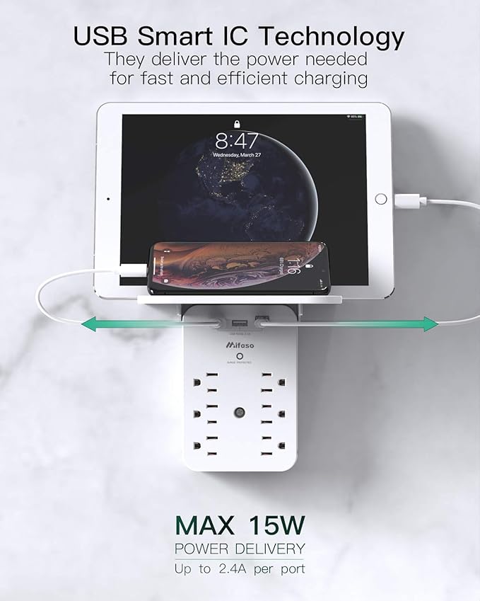 Wall Outlet Extender with Surge Protector, 6 AC Outlets, Shelf, 2 USB & USB C Charging Ports - Home & Dorm Plug Expander
