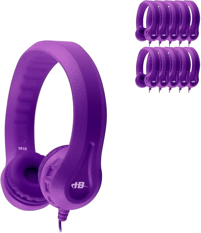 HamiltonBuhl Flex‑Phones Kids Foam Headphones 10‑Pack – Durable EVA Foam, Volume‑Limited 85 dB, Chew‑Resistant Dura‑Cord, Safe BPA‑Free Design for Classroom Use – Purple