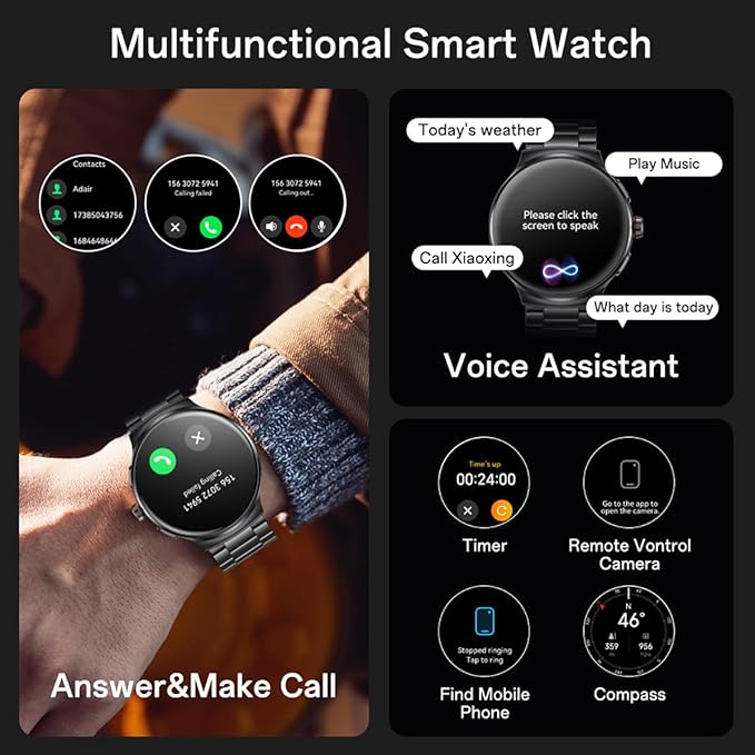 AOLON Smart Watch for Men (Answer/Make Calls), 1.43'' AMOLED Screen, 100+ Sports Modes Fitness Tracker, IP68 Waterproof, Heart Rate/SpO2/Health Monitor for Android/iOS, Stainless Steel Band, Black