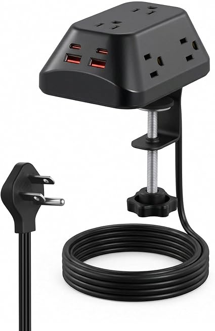 Desk Clamp Power Strip, 6 AC, 2 USB-C & 2 USB-A, 1440J, 6FT Cord