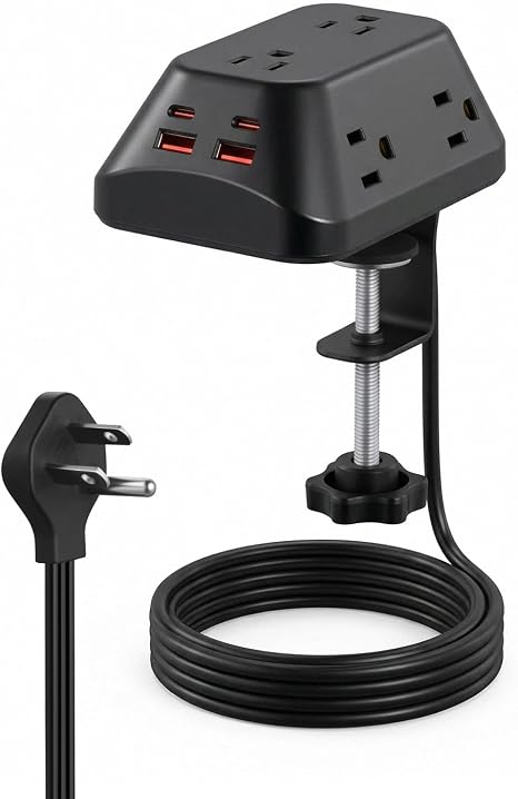 Desk Clamp Power Strip, 6 AC, 2 USB-C & 2 USB-A, 1440J, 6FT Cord