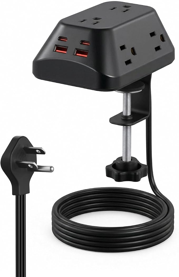 Desk Clamp Power Strip, 6 AC, 2 USB-C & 2 USB-A, 1440J, 6FT Cord