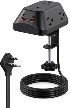 Desk Clamp Power Strip, 6 AC, 2 USB-C & 2 USB-A, 1440J, 6FT Cord
