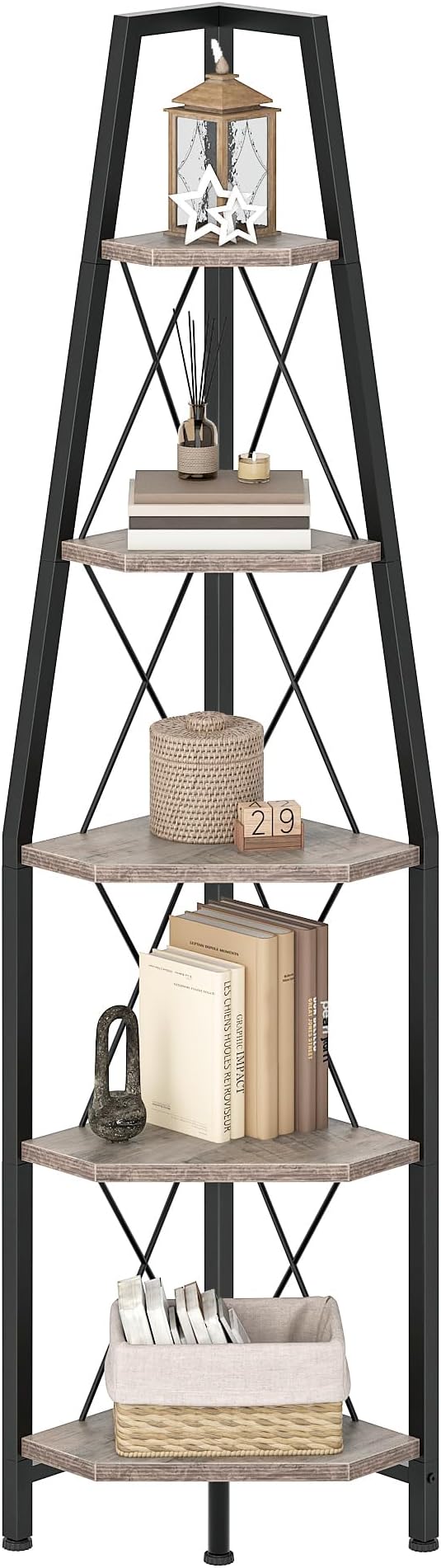 5-Tier Corner Shelf, Corner Bookshelf, Ladder Shelf, Floor Standing Storage Rack, Open Display Stand, Plant Stand, for Living Room, Bedroom, Study, Bathroom, Greige and Black TCJ22BG