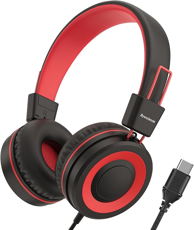 Upgrade USB Type C Kids Headphone for School, 94dB Safe Volume Limited, HD Stereo Sound, Foldable Lightweight On-Ear Headphones for Boys/Girls/Students/Tablet/Travel (Red Black)