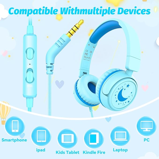 Kids Headphones with Cord for School, 85/94dB Volume Limit Headphones for Kids, Portable Wired Headphone with Shareport, Stereo Sound Foldable Headset for School/Tablet/iPad/Kindle (Cyan)