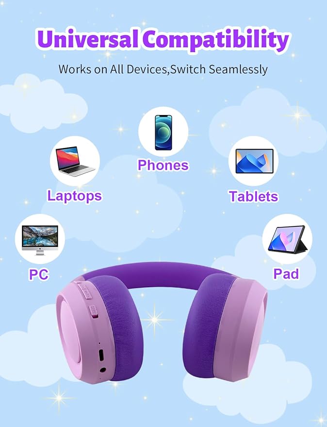 Active Noise Cancelling Headphones for Girls, 70H Play Time, Safe Volume 94dB, Bluetooth 6.0, Hybird ANC Kids Headphones Wireless for School/Travel/Airplane(Purple Pink)