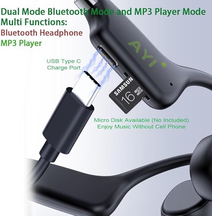 AYI True Bone Conduction Headphones Open Ear Headset Able to be a MP3 Player with Micro Disk Stereo Bluetooth Earphone for Driving Bicycling Running Skiing-X9 Black