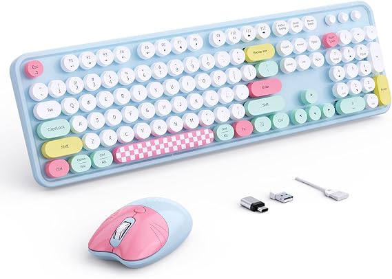Wireless Keyboard and Mouse, 104 Keys Full Size Typewriters Blue