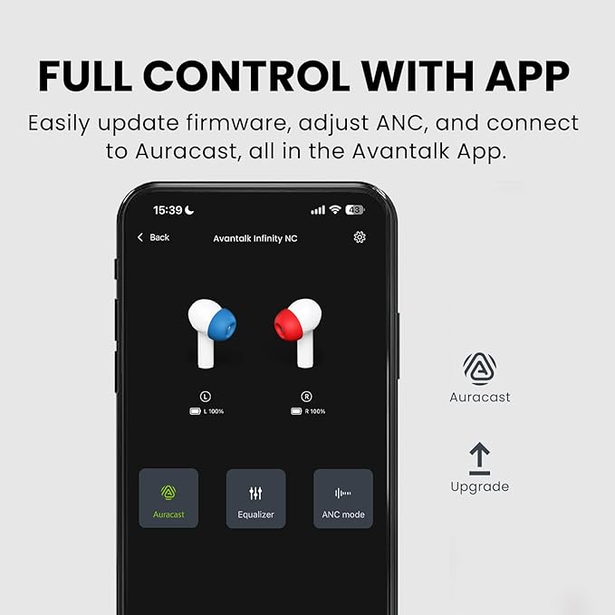 Avantalk Infinity NC – Next-Gen Auracast & LE Audio Bluetooth Earbuds with Active Noise Cancelling, aptX Adaptive, Low-Latency Audio, Custom EQ App & Clear Voice Calls, for TV, Phone & PC