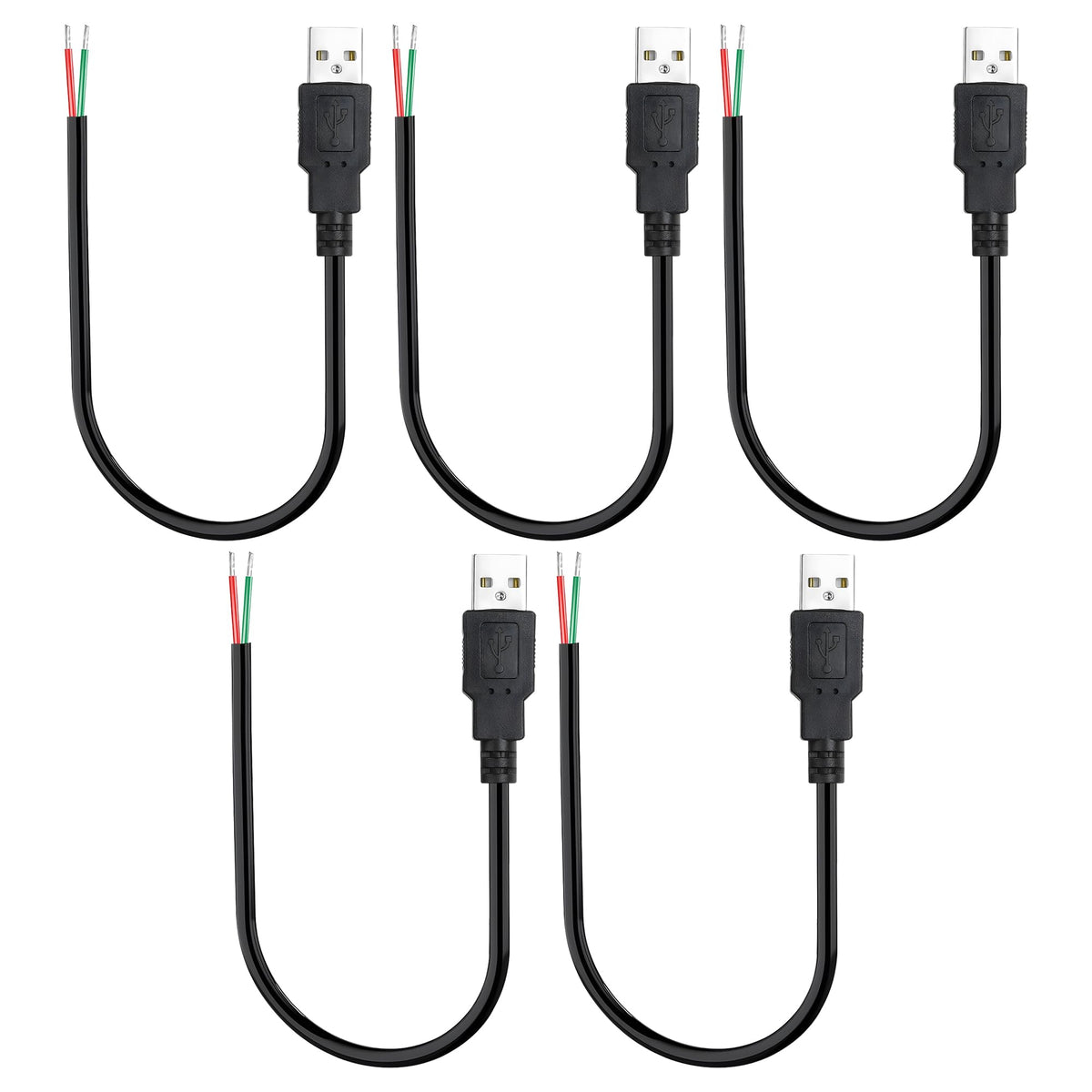 USB 2.0 to Bare Wire Cable,USB Type A Male Plug to 2 Pin Open End Bare Wire Pigtail Power Cord,24AWG 5V 2.5A 2 Cores Power Extension Cable for LED Strips, DIY Projects Electronics Repair-0.3M (5 PCS)