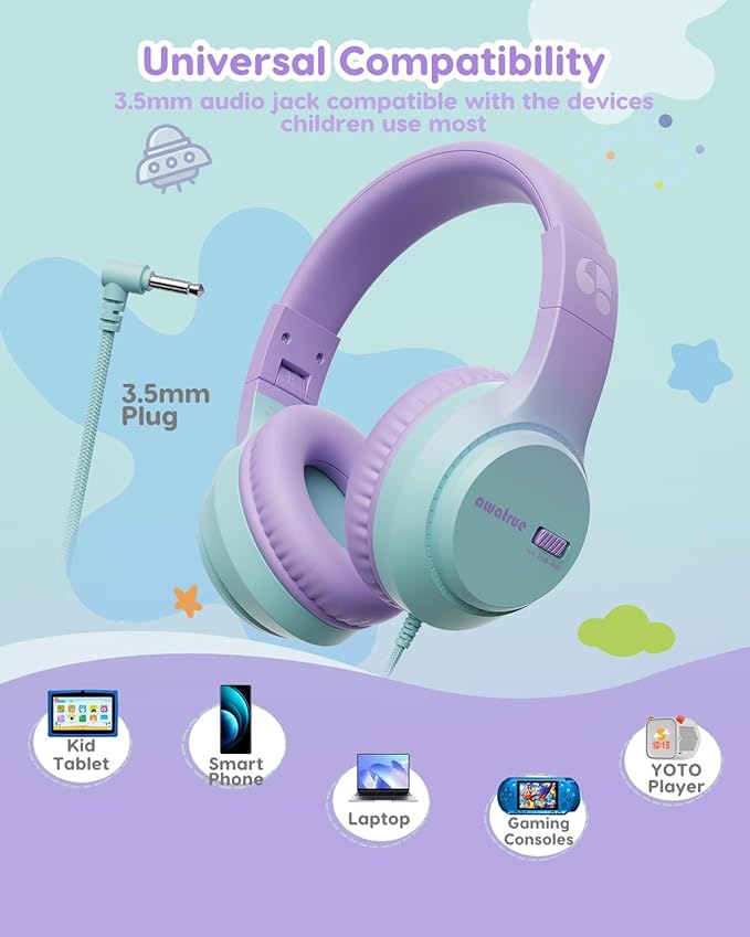 Kids Headphones, 74/85/94dB Volume Limiter, Foldable Wired Over Ear Headphones for Travel, 3.5mm Jack, Toddler Headphones for School, Chromebook, iPad, Tablet, Purple Green