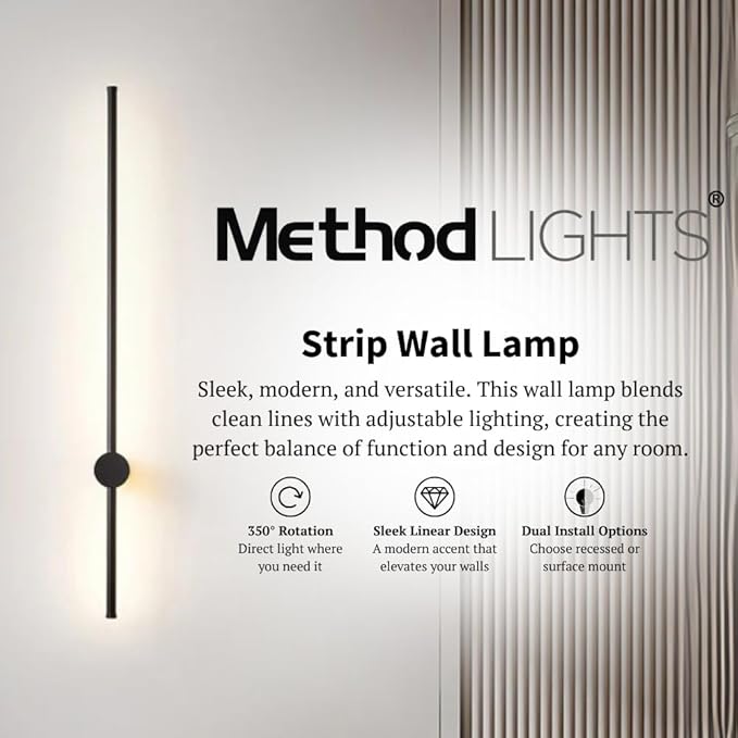 Method Lights LED Strip Wall Light, 47" Modern Indoor Wall Lamp with 350° Rotation, Surface or Recessed Mount, Sleek Minimalist Lighting for Bedroom, Living Room, Hallway, Gold