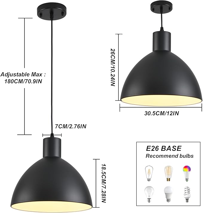 Black Pendant Lights Kitchen Island, 12 Inch Metal Dome Pendant Light, Vintage Industrial Farmhouse Pendant Light Fixture Hanging Lights for Kitchen Island, Dining Room, Cafe, Bar, 2 Pack