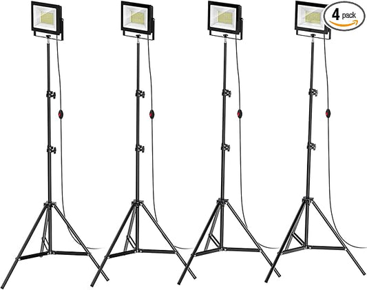 LIVOWALNY 11000 lm LED Work Lights with Stand Pack of 4, 110W Adjustable Head Tower Light with 13FT Cord, Portable IP65 Waterproof Tripod Flood Light for Job Site Workshop Garage Construction Lighting