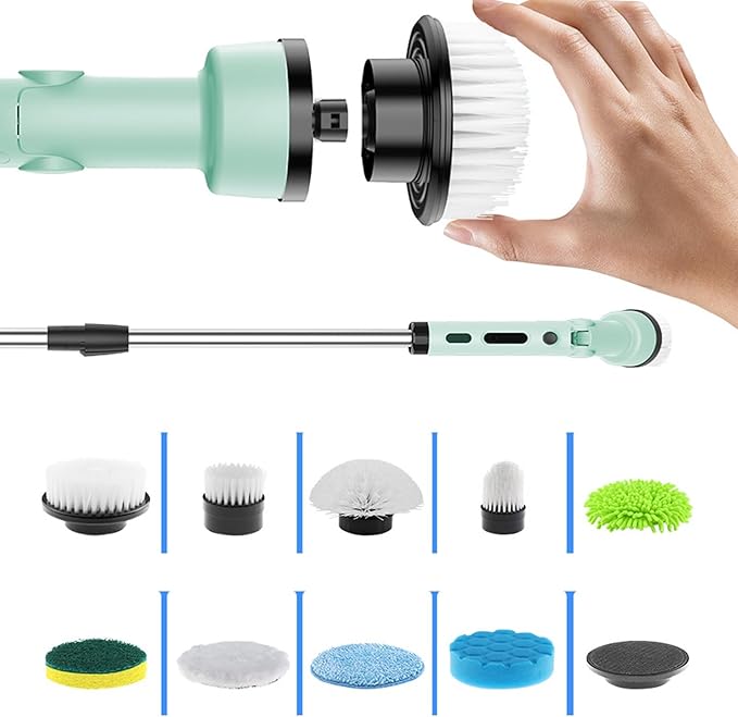 YUYTE Electric Spin Scrubber,Cordless Cleaning Brush with 9 Replaceable Heads,Adjustable Extension Handle, 90 Mins Long Lasting Power for Bathroom, Shower, Tub, Tile, Floor, Car (Green)
