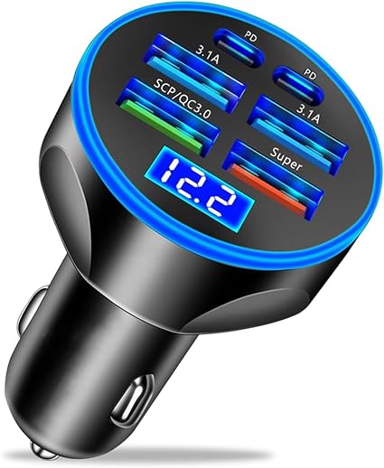 Super Fast Charge USB C Car Phone Charger Adapter 6 in 1 with Voltage Display 250W Multi Port Cigarette Lighter USB Charge for iPhone 18 17 16 15 14 13 12 11 Samsung Galaxy Huawei Oneplus Oppo Vivo