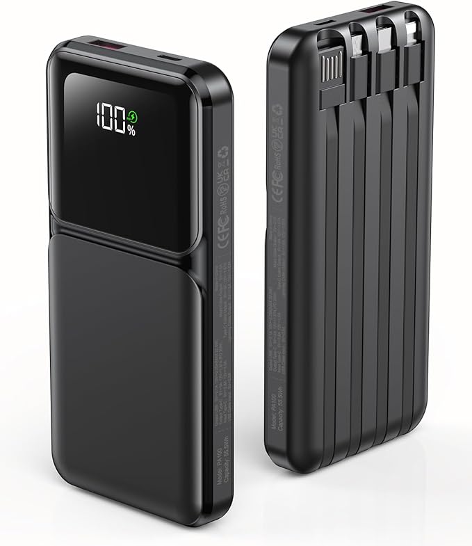Portable Charger with Built in Cable - Power Bank Fast Charging USB C LED Display 10000mah Battery Pack 5 Outputs & 3 Inputs for Travel Essentials iPhone Samsung Android Phones Tablets Black