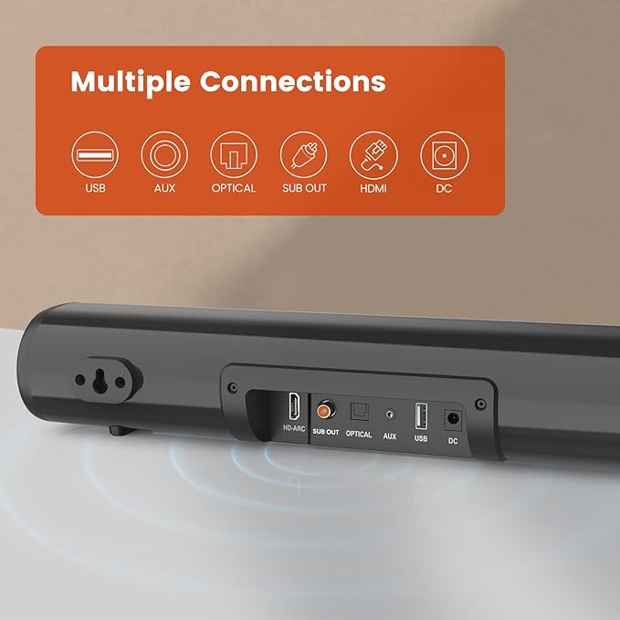 HDMI Sound Bar for Smart TV, Small TV Sound Bar Speakers, Optical/HDMI/Aux/Coax/USB/Bluetooth Connection for TV, PC, Projectors, Includes Remote Control, 16 inch