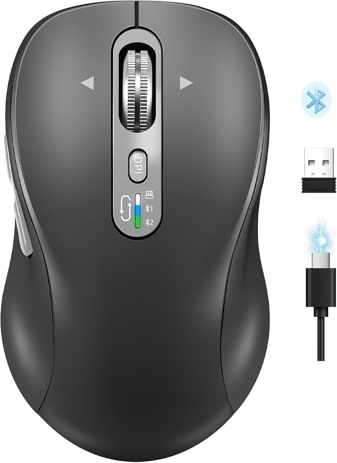 Wireless Bluetooth Mouse,Multi Device Ergo Computer Mouses,Metal 4-Way Super Scrolling,± 3200 DPI,10 Buttons,Plug&Play,Quiet,Rechargeable,USB Cordless Mice for Laptop,Tablet,Mac,iPad,PC,Phone All Grey