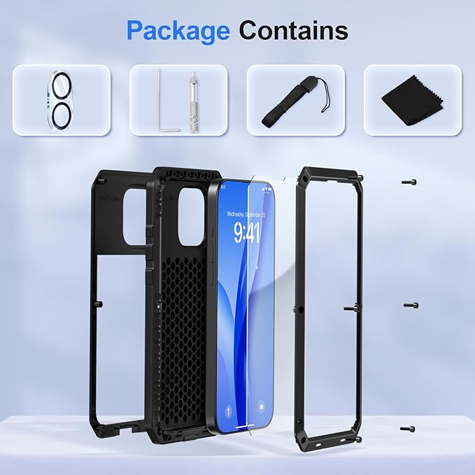 Mitywah Metal Case for iPhone 16, Heavy Duty Rugged Phone Case Built-in 9H Temperd Screen Protector, Military Grade Full Body Protective Dual Layer Bumper Protective Case for iPhone 16 6.1" Black