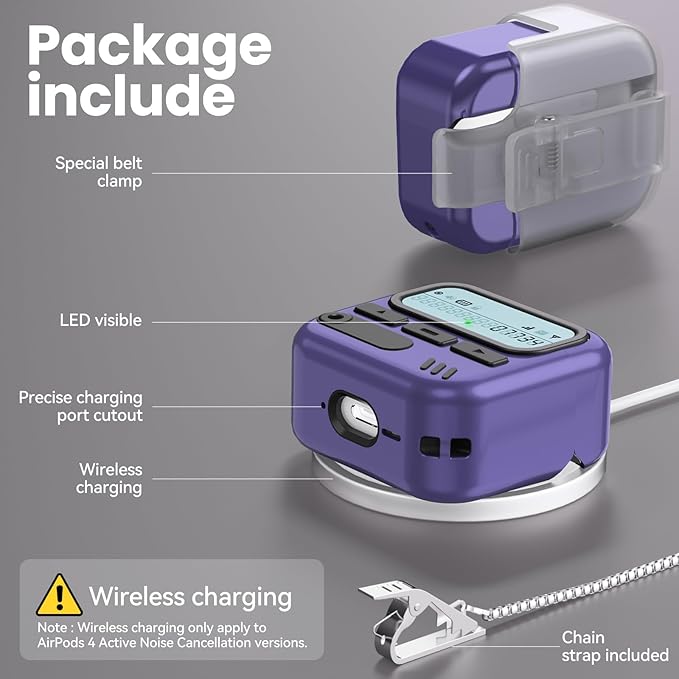 (with Safety Lock) Pager Cases for AirPods 4 Case Cover 2024 with Cleaner Kit,Sturdy Hard PC Protective for Apple AirPods 4th Generation Case for Men Women,AirPods 4 Accessories with Keychain-Purple