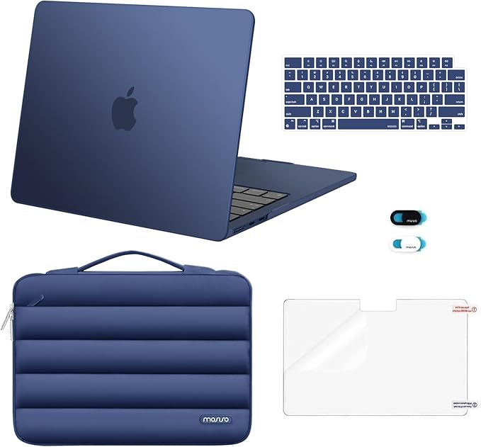 MOSISO Compatible with MacBook Air 13 inch Case M5 2026 M4 2025 M3 M2 2024-2022 A3449 A3240 A3113 A2681, Hard Case&Puffy Bag&Keyboard Cover&Webcam Cover&ScreenFilm for MacBook Air 13.6, Midnight Bule