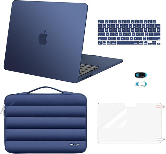 MOSISO Compatible with MacBook Air 13 inch Case M5 2026 M4 2025 M3 M2 2024-2022 A3449 A3240 A3113 A2681, Hard Case&Puffy Bag&Keyboard Cover&Webcam Cover&ScreenFilm for MacBook Air 13.6, Midnight Bule