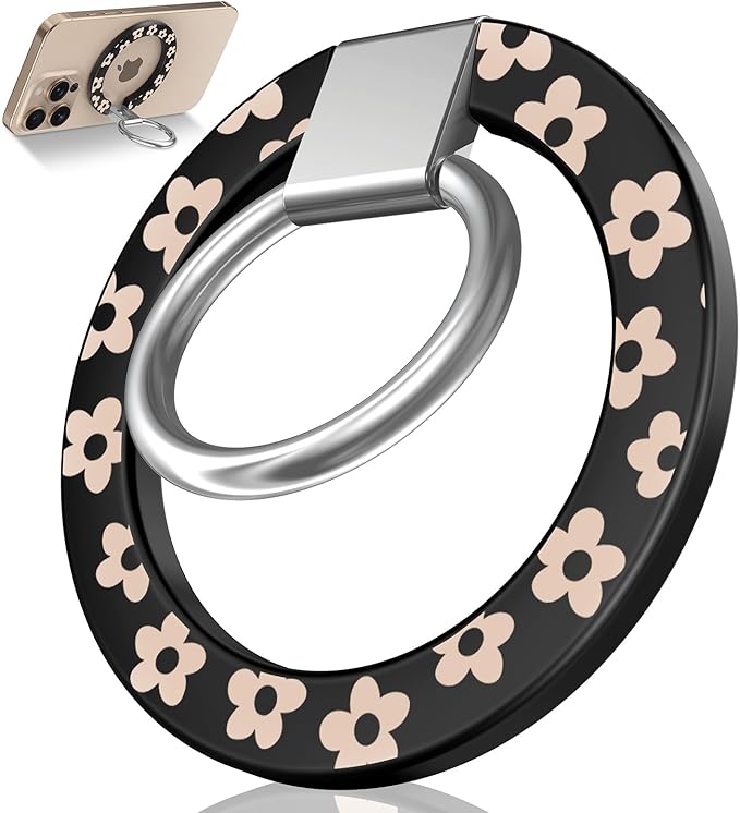 Toycamp Phone Grip Ring Holder Compatible with MagSafe - Magnetic Phone Grip Stand Women Cute Painting Removable Rotatable Magnet Accessories for iPhone 17 Pro Max/16/15/14/13/12 Series, Black Flower
