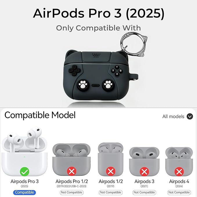 for Airpods Pro 3 Case 2025,Cute 3D Game Console Design for Air pod Pro 3 Cover with Keychain Shockproof Protective Soft Silicone Case for Airpods Pro 3 Gen for Women Girls (Gray Cat)