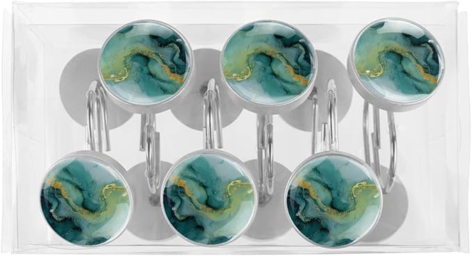 12 Packs Abstract Green Marble Shower Curtain Hooks, Crystal Glass Shower Curtain Rings for Bathroom, Rustproof Metal Curtain Rod Hooks