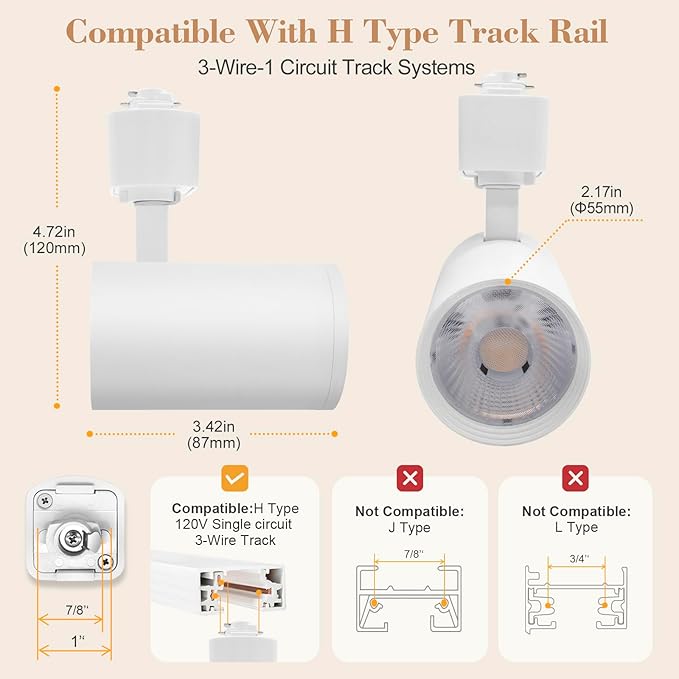 Arcfox 7W 3000K H Type Dimmable LED Track Lighting Heads, 3 Wire Single Circuit 500lm CRI90 24° Angle Ceiling Spotlight for Accent Task Wall Art Exhibition Store, ETL5027448(6 Pack, White)
