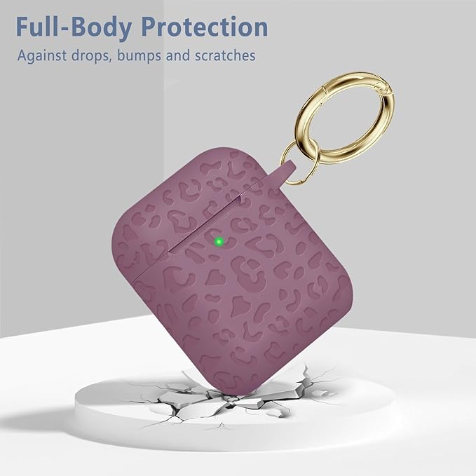 Compatible with Airpods Case Leopard Engraved Skin Cover Compatible with Airpods 2nd/1st Charging Case,Cute Soft Silicone Full Protective, Front LED Visible, Smoke Violet