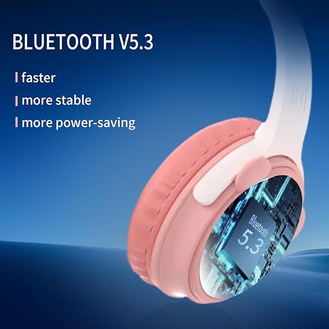Kids Bluetooth Headphones， 85dB Safe Volume Limit, Stereo，Foldable Cute Up Cat Ear Children，Cartoon Animal Design,Ultra-Soft Over-Ear,Suitable for School & Travel (Pink)