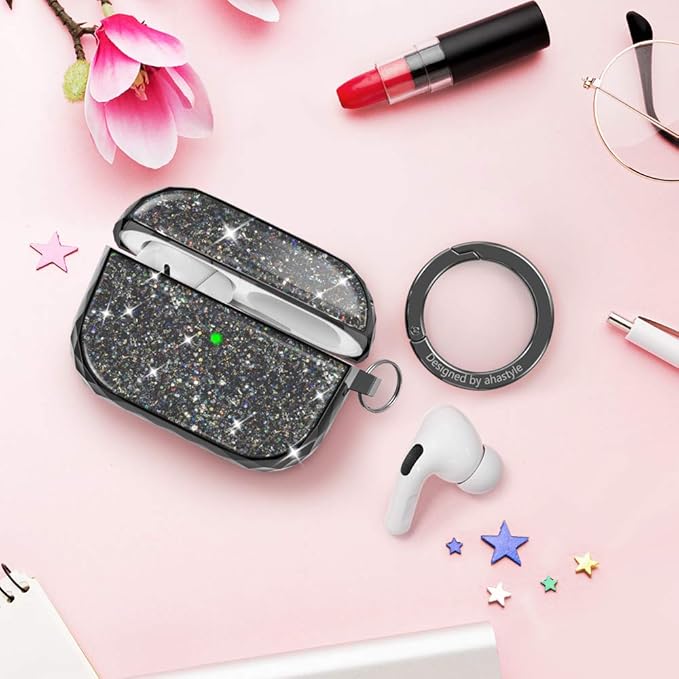 AhaStyle Luxury AirPods Pro Case Cover Glittery for Women Girls, Glossy Hard Shell Protective Case Cover Accessories Compatible with Apple AirPods Pro Charging Case (Black)