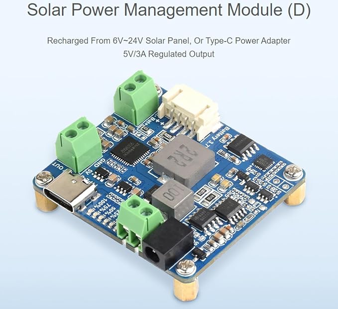 Waveshare Solar Power Manager Module (D), Supports 6V~24V Solar Panel and Type-C Power Adapter, 5V/3A Regulated Output for Raspberry Pi/Jetson Nano, with Battery Holder (Batteries Not Include)