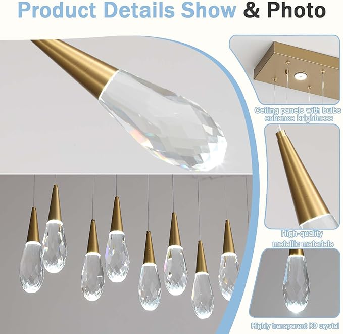14-Lights Modern Rectangular Chandelier LED Gold Pendant Light Fixture Raindrop Ceiling Chandeliers for Living Room Staircase Foyer