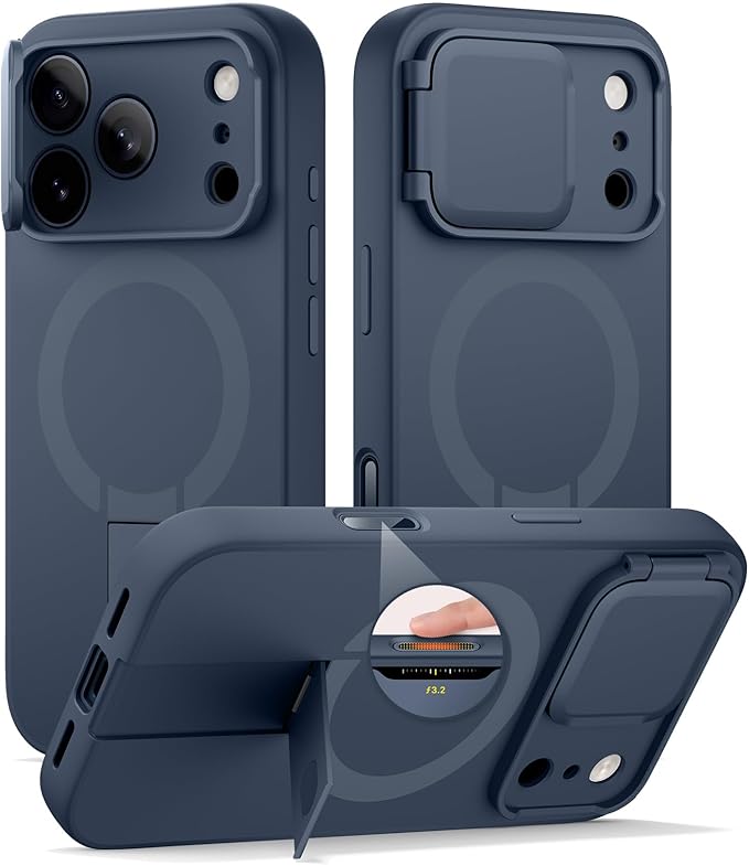 SURITCH for iPhone 17 Pro Case with Camera Control Cover, Camera Cover and Adjustable Kickstand, Compatible with MagSafe, Shockproof Bumper Protective Cases 6.3 Inch, Blue