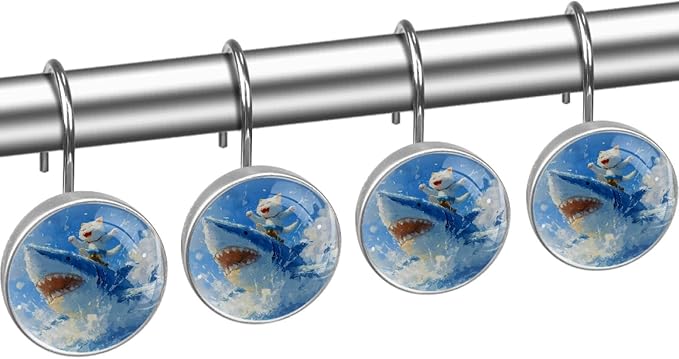 Cat Riding Shark Shower Curtain Hooks Rings, Stainless Steel Rust Proof Shower Curtain Hooks, Decorative Shower Hooks for Bathroom Shower Rods Curtains, Set of 12