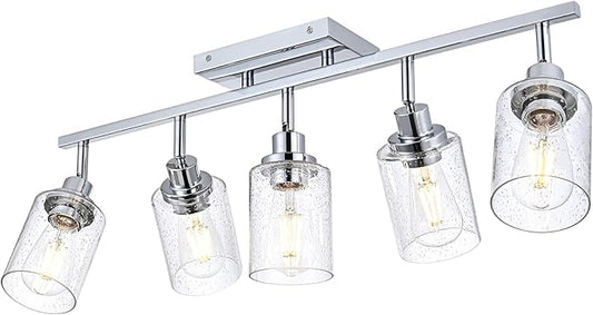 5-Light Chrome Track Light Fixture Ceiling Track Lighting Kit with Seeded Glass Track Lighting Heads Ceiling Vanity Light, Multi-Directional Rotating Spotlight Fixtures for Kitchen Accent Shop
