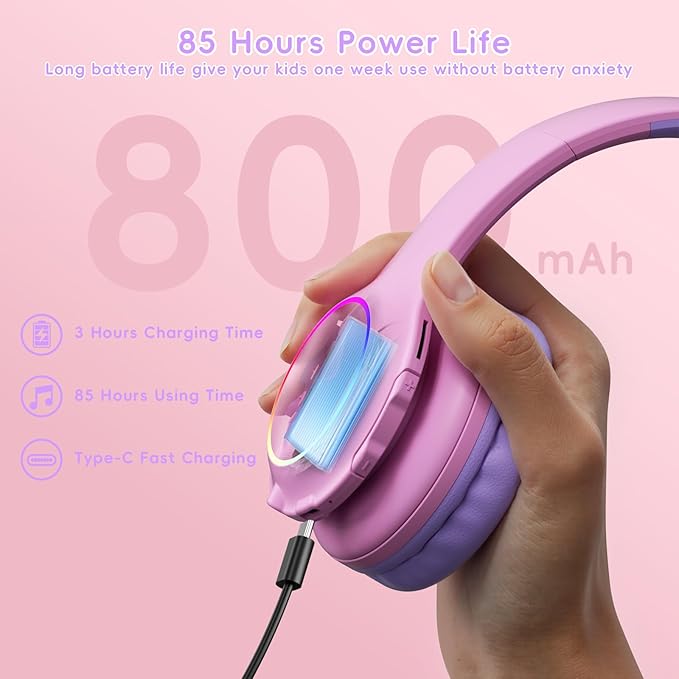 Kids Bluetooth 6.0 Headphones with LED Light, 85Hours Playtimes, Type-C Fast Charging, 85/94dB Volume Limited, Comfort Wireless Headphones with Built-in Mic, Wired & TF Card Mode, Pink