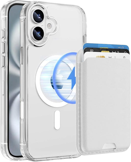 Magnetic for iPhone 16 Clear Case with White Detachable Wallet, Compatible with MagSafe, Credit Card Holder with Slim Shockproof Protective Phone Cover